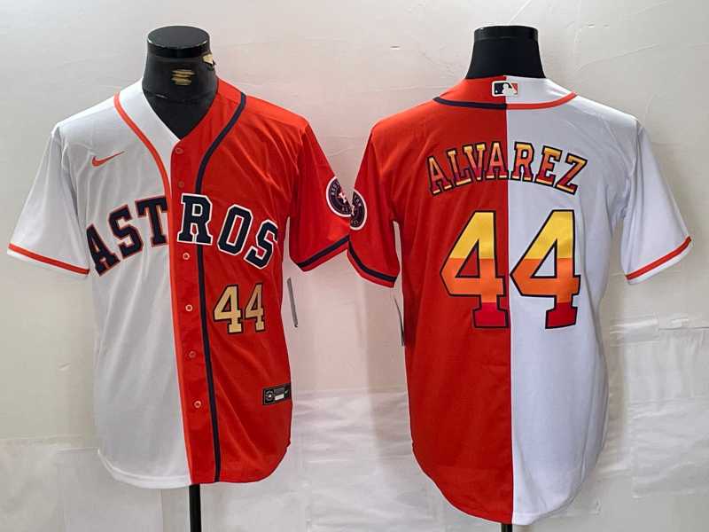 Mens Houston Astros #44 Yordan Alvarez Number White Orange Split Stitched Baseball Jersey Dzhi